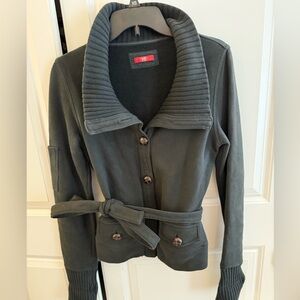 EDC Esprit Short Sweatshirt Jersey Knit Belted Trench Coat Jacket Womens L Black